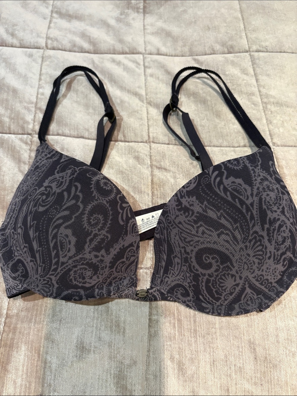 Lucky Brand Black Paisley Molded Bra with Subtle Gray Print 32 B
